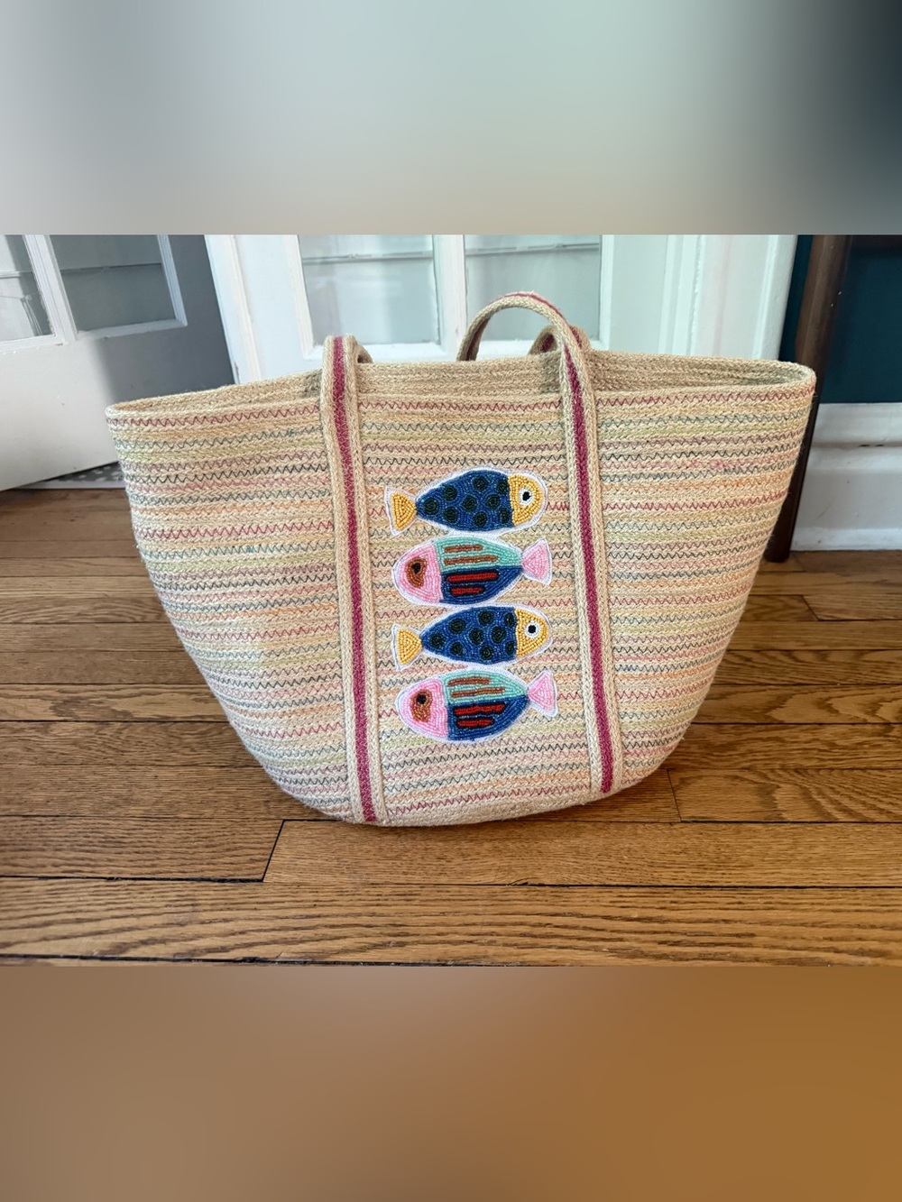 Handwoven Straw Tote Bag with Beaded Fish - NWOT